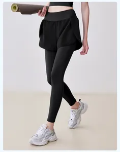 Black high-waist fake two-piece yoga leggings with pockets for fitness and running