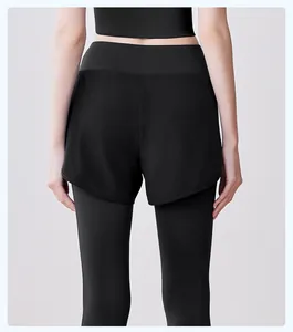 Detailed rear view of high-waist 2-in-1 black yoga leggings for fitness and running