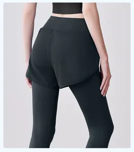 Back view of black 2-in-1 fitness leggings showing the layered high-waist detail