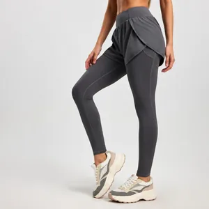Women Faux Two-Piece Yoga Pants High Waist Hip Lifting Fitness Leggings With Side Pockets Polyester Spandex Running Gym Skinny Sport Trousers Bottom