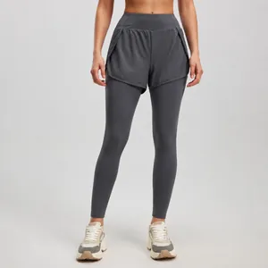 High waisted fake two-piece yoga leggings with side pockets for fitness and running