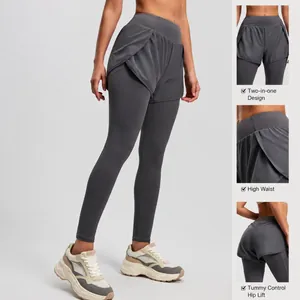 High-waisted fake two-piece yoga leggings for women in dark grey athletic fitness style.