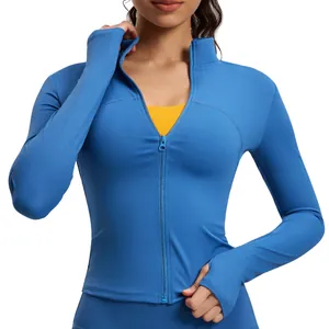 Slim-fit striped yoga sports jacket with a stand collar and long sleeves in blue.