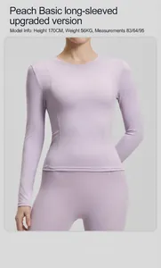 Detail view of a slim-fit light purple long-sleeved yoga top with round neck design