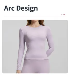 Close-up of slim-fit lavender long-sleeve yoga top with waist-accentuating seams