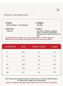Detailed size chart and fabric specifications for slim fit long-sleeve yoga and fitness tops