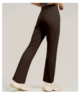 Back view of brown high-waisted straight-leg yoga pants with a convenient back pocket detail