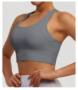 Close-up profile view of high-impact grey sports bra showing nude-feel fabric