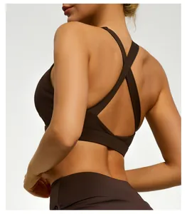 Detailed back view of a high-elastic cross-strap yoga sports bra in elegant dark brown