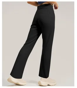 Back view of high-waisted black yoga pants with peach-hip seam and hidden pocket
