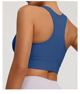 Back view detail of a blue racerback sports bra for high-impact yoga and fitness