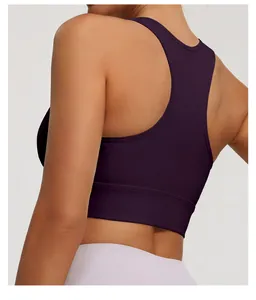 Detailed view of dark purple racerback sports bra for high-impact yoga and running