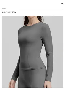 Detailed view of women's sea salt gray slim-fit long-sleeve yoga top for running