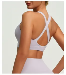 Close-up detail of high elastic lavender cross-back yoga sports bra showing strap design