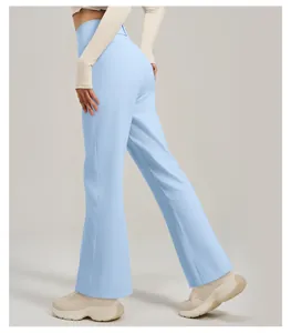 Detailed back view of light blue high-waisted yoga pants with functional back pocket