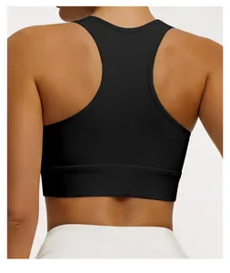 Detail view of black racerback sports bra designed for high-impact fitness and yoga