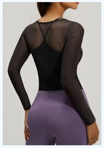 Detailed back view of black mesh yoga top two-piece set with breathable fabric