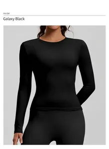 Detail view of a black slim-fit round neck long sleeve yoga sports top for women.