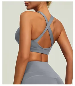 Close-up of the back-cross design on a gray high-elasticity yoga sports bra for women.