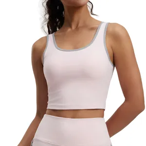 Camiseta de yoga rosa y gris con copas fijas para correr de alto impacto y ejercicio