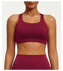 Detail view of burgundy high-elasticity sports bra with soft nude feeling fabric