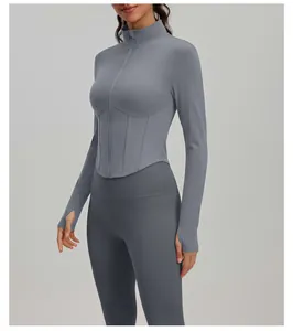 Grijze dames yoga-jas met opstaande kraag, rits, geribbelde taille en duimgaten