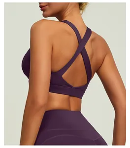 Detailed back view of a purple criss-cross yoga sports bra with high elasticity
