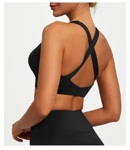 Detailed back view of a high elastic black sports bra featuring a stylish cross-back design