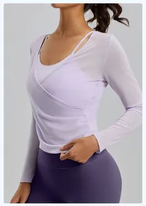 Detailed view of a purple breathable mesh yoga top two-piece set with long sleeves for women