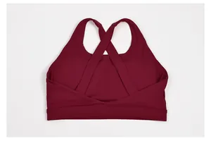 Detailed back view of a burgundy criss-cross yoga sports bra with high-elastic fabric