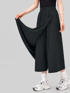 Women Casual High Waist Yamamoto Style Culottes Skort A-Line Loose Elastic Waist Wide Leg Skirt Pants Flowy Bottoms For Spring Autumn