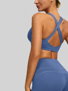Women High Elastic Nude Feeling Yoga Sports Bra Double Sided Nylon Spandex Cross Back Gym Top With Removable Pads