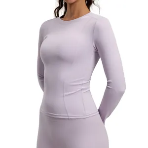 Top da yoga a maniche lunghe viola chiaro aderente ideale per corsa e fitness sportivo
