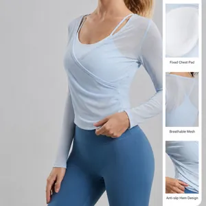 Breathable two-piece light blue mesh long sleeve yoga top with ruched detail and pads