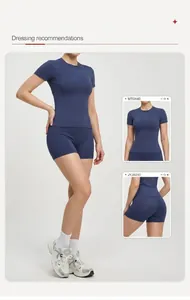 Professional detail showing women's blue athletic yoga set with top and shorts