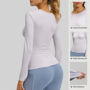 Top yoga a maniche lunghe slim fit da donna, maglia sportiva traspirante per fitness