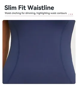 Close-up of blue yoga top showing slimming waist design and flatlock seams