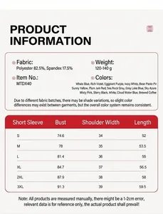 Size chart for women's slim yoga short sleeve top with fabric details and color options