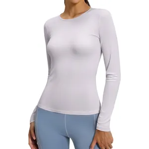Top yoga a maniche lunghe da donna slim fit, maglia sportiva pilates effetto nudo
