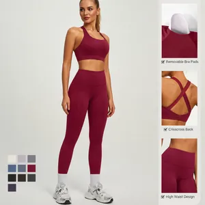 Professionele bordeauxrode yogaset met hoge taille en sportbeha voor sportvrouwen