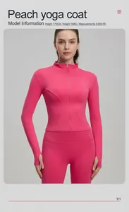 Slim fit pink athletic yoga jacket with high neck and thumb holes for women fitness