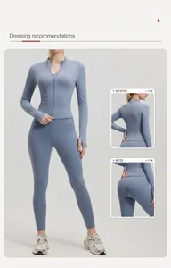 Slim fit long-sleeve blue yoga jacket with matching leggings shown in multiple views