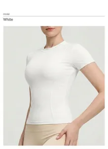 Detailed shot of a premium white slim-fit yoga short sleeve top for fitness and training