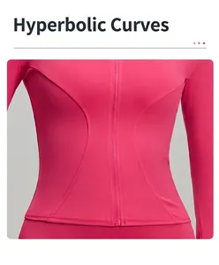 Close-up of slim-fit yoga jacket showing curved waistline seams for a flattering fit.