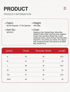 Detailed size chart and material information for the slim fit sports yoga jacket