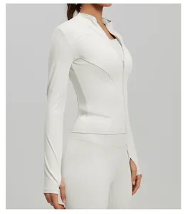 Close-up of a professional slim fit white yoga jacket with zipper and functional thumb holes
