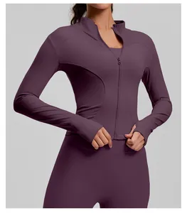 Close-up of slim fit purple yoga jacket with zipper and stand collar