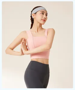 Nahtloser stoßfester rosa Yoga-Sport-BH mit breiten Trägern für Fitnesstraining und Laufen