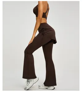 Side profile of brown flared yoga pants showing ruched faux two-piece design detail