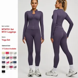 Set Yoga da Donna ad Alta Elasticità Giacca con Cerniera a Collo Alto Leggings Sollevamento a Vita Alta Top e Bottom Tuta Sportiva Fitness da Palestra